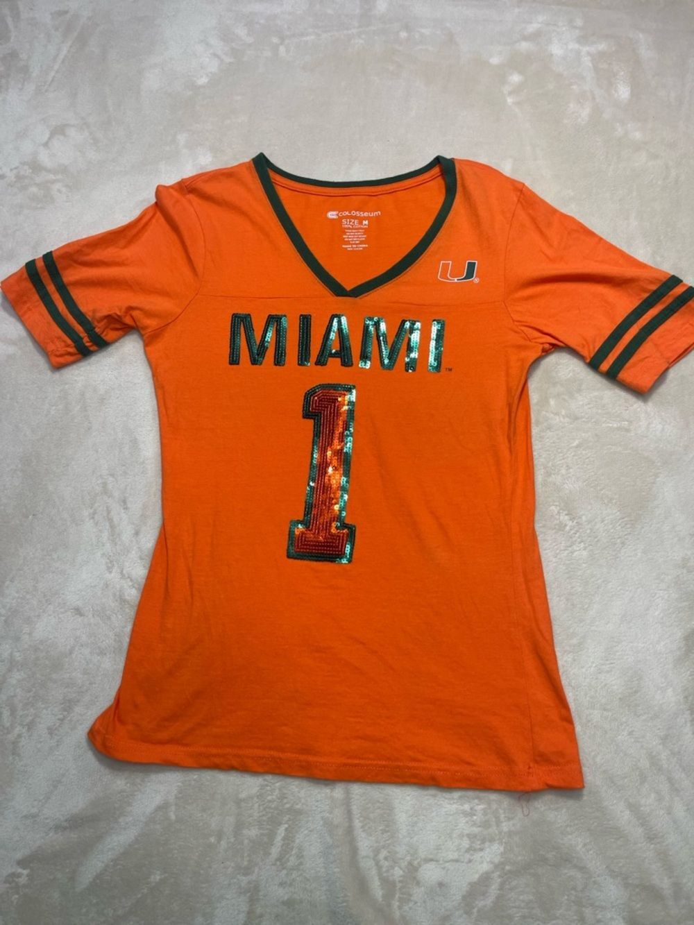 Colosseum Miami Hurricanes Sequin #1 V-Neck Tee Women’s Medium Football